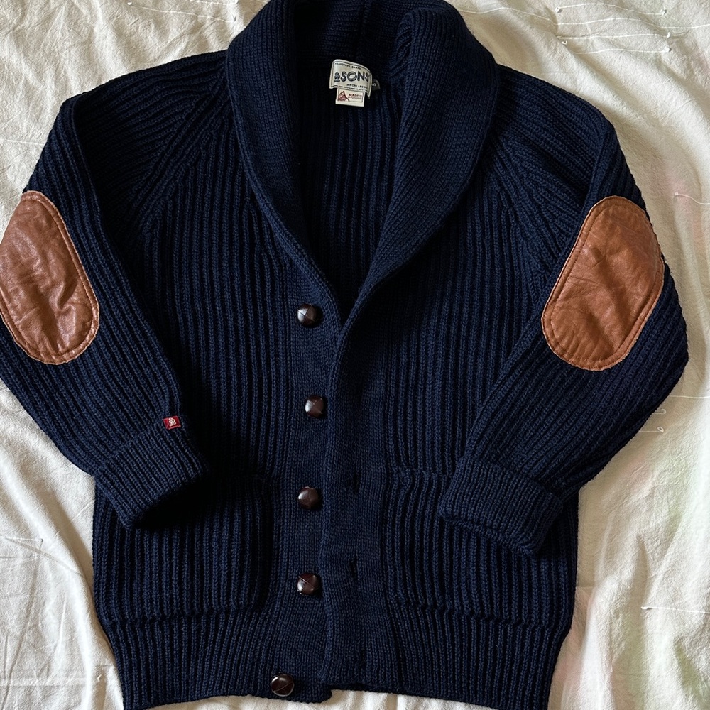 AndSons &Sons wool shawl cardigan men’s pioneer British wool Navy